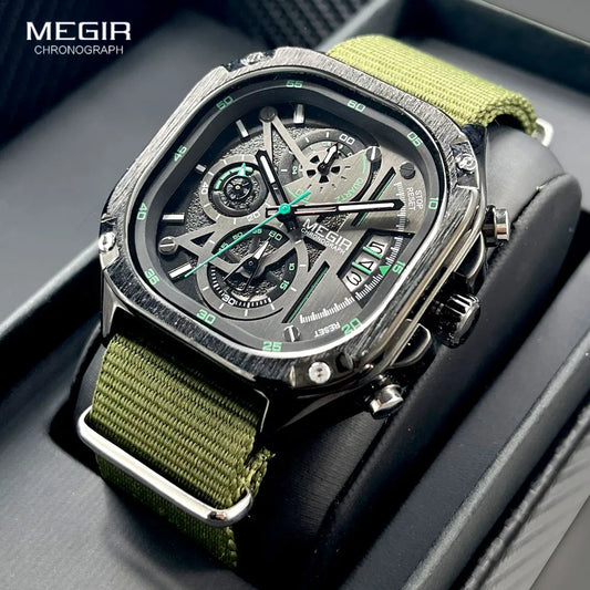 MEGIR Black Quartz Watch Men Waterproof Square Dial Wristwatch with Chronograph Stainless Steel Strap Luminous Hands Auto Date